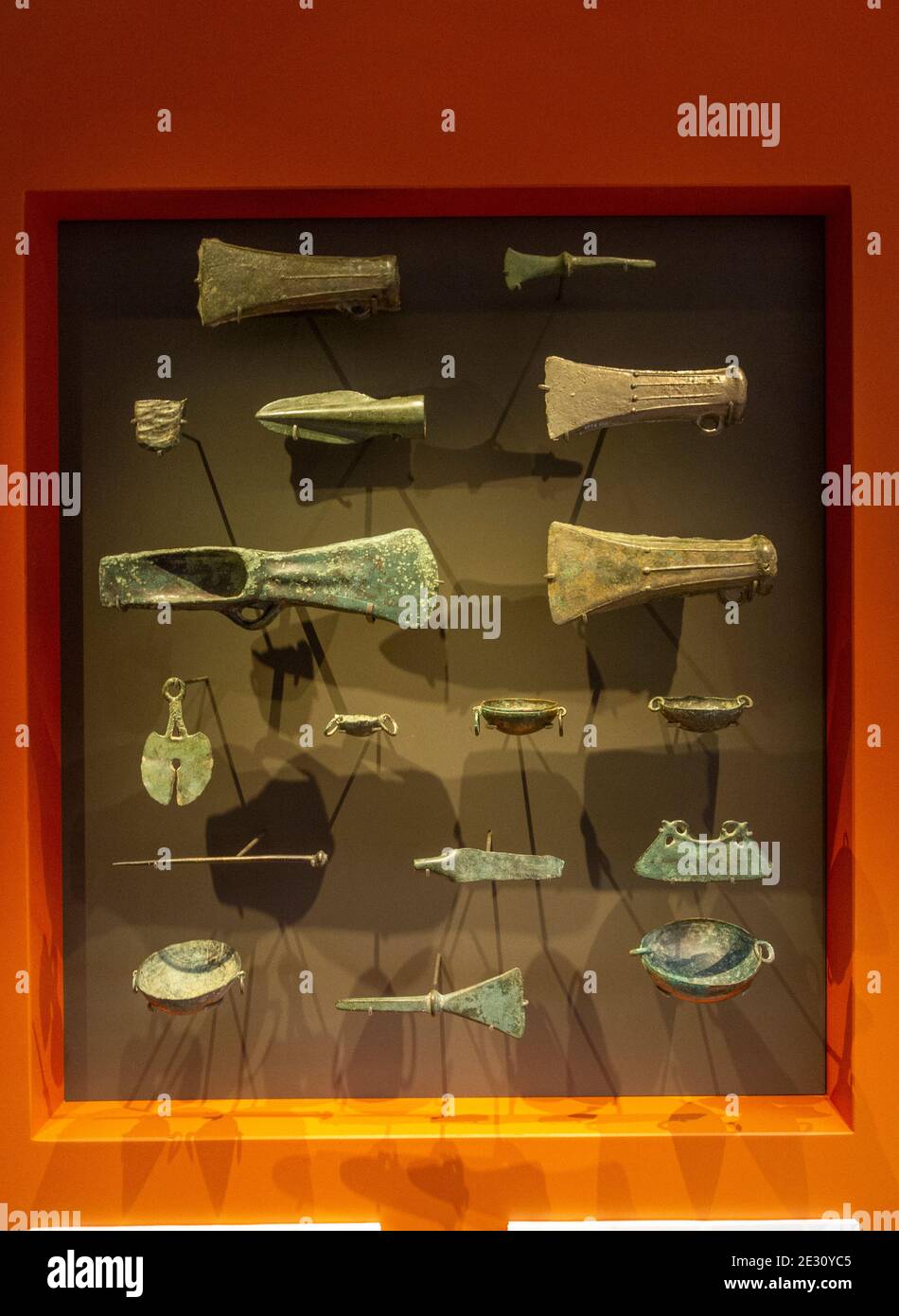 A selection of Iron Age (200-50BC) prehistoric metal objects found in the Salisbury Hoard. The Salisbury Museum, Salisbury, Wiltshire, UK. Stock Photo