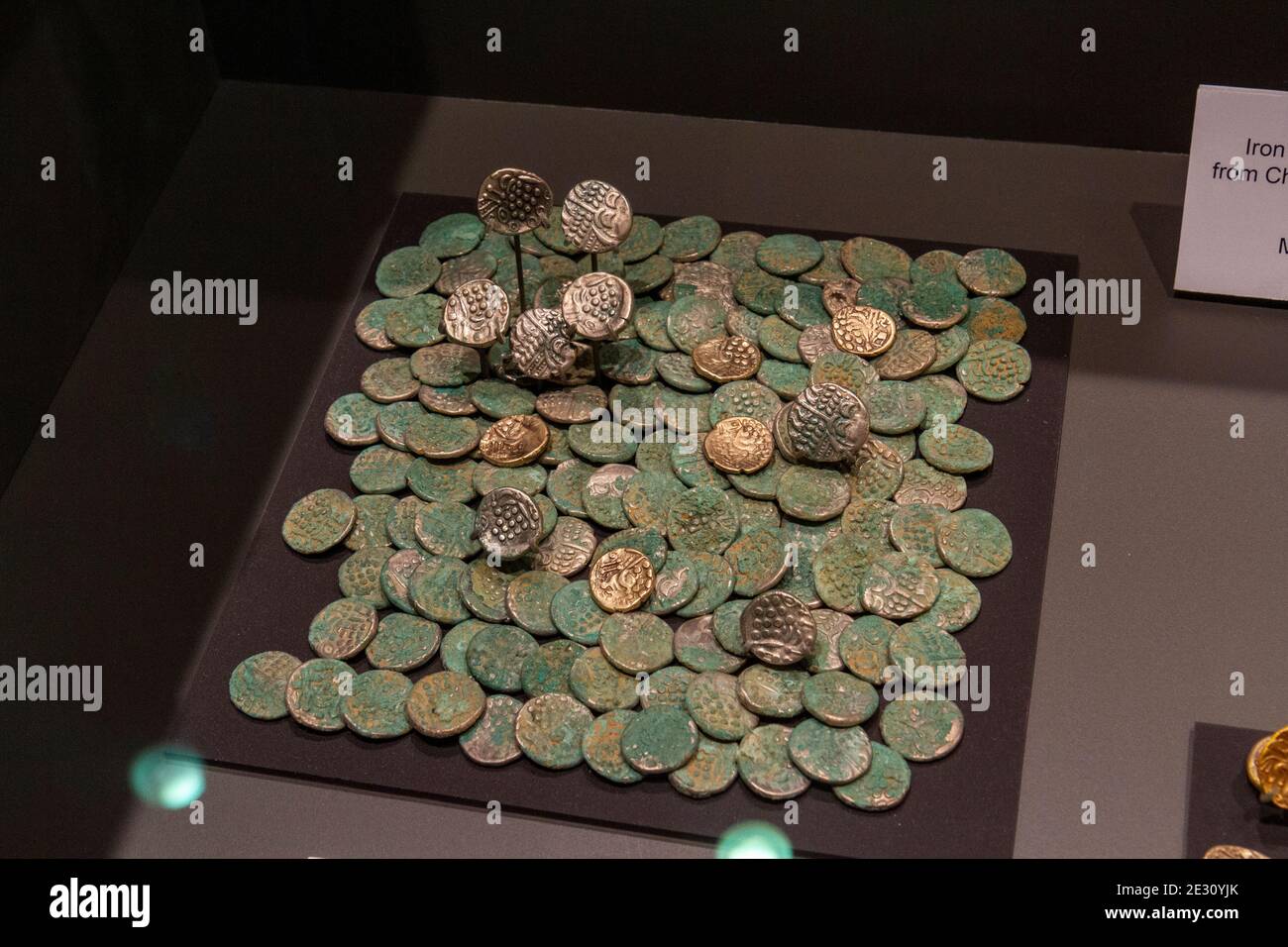 The Tisbury Iron Age Stater Hoard of coins in The Salisbury Museum, Salisbury, Wiltshire, UK. Stock Photo