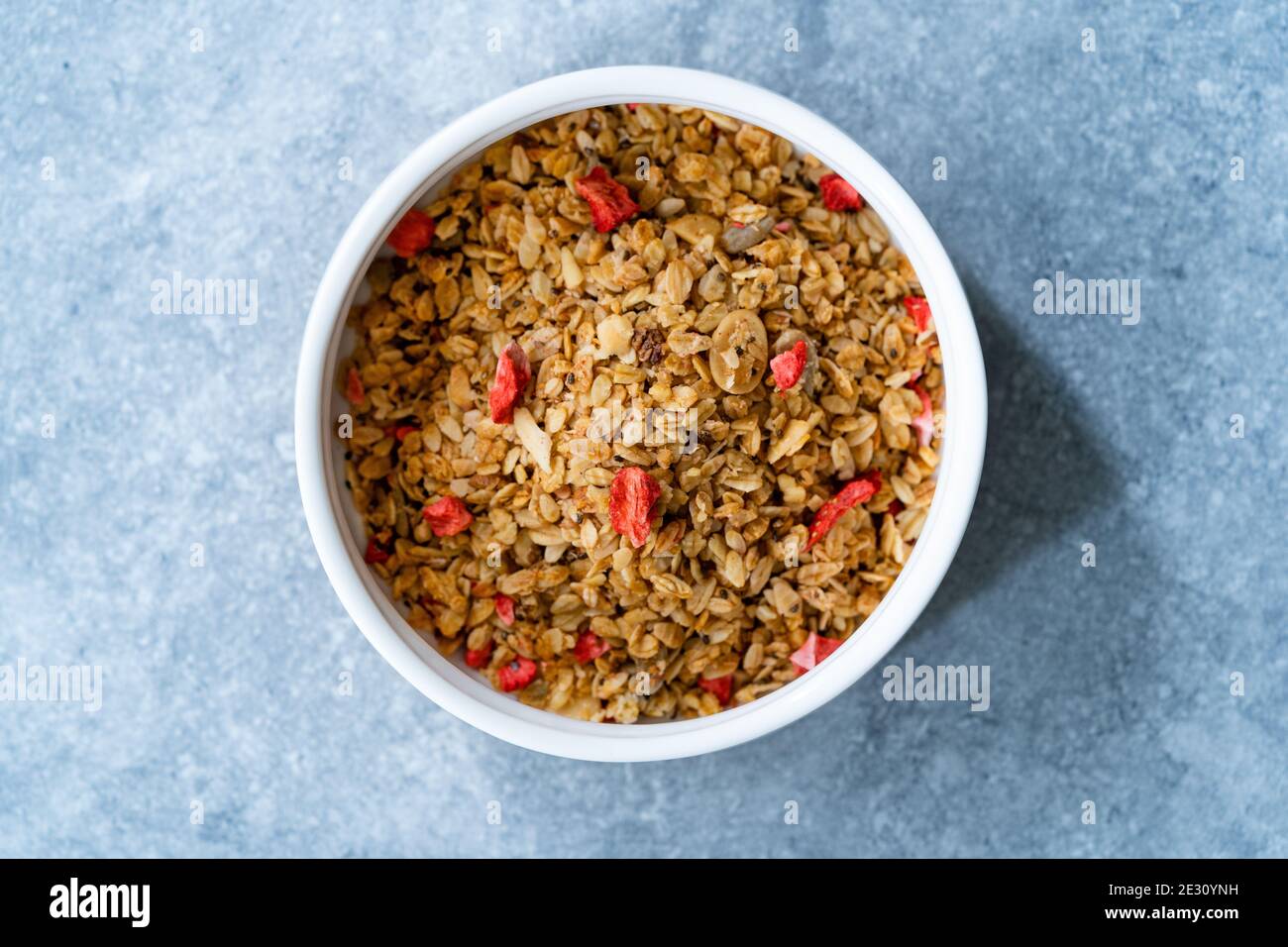 Oven Baked Artisan Granola with Dried Strawberries and Chia Seeds in