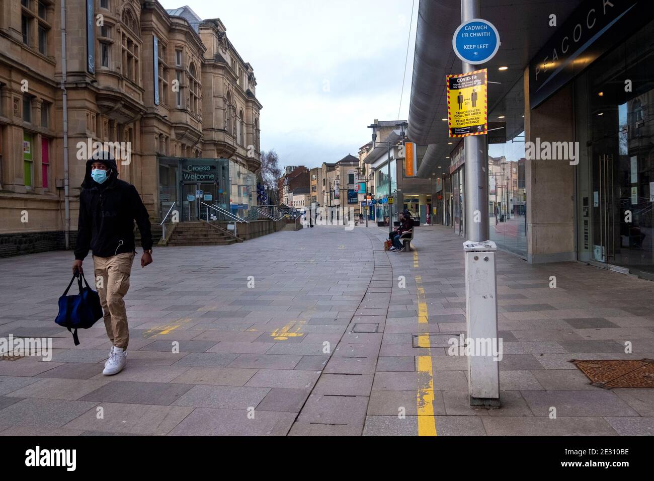 Cardiff, Wales. January 15 2021. Various street imagery of Cardiff City Centre under the tier 4 restrictions. Stock Photo