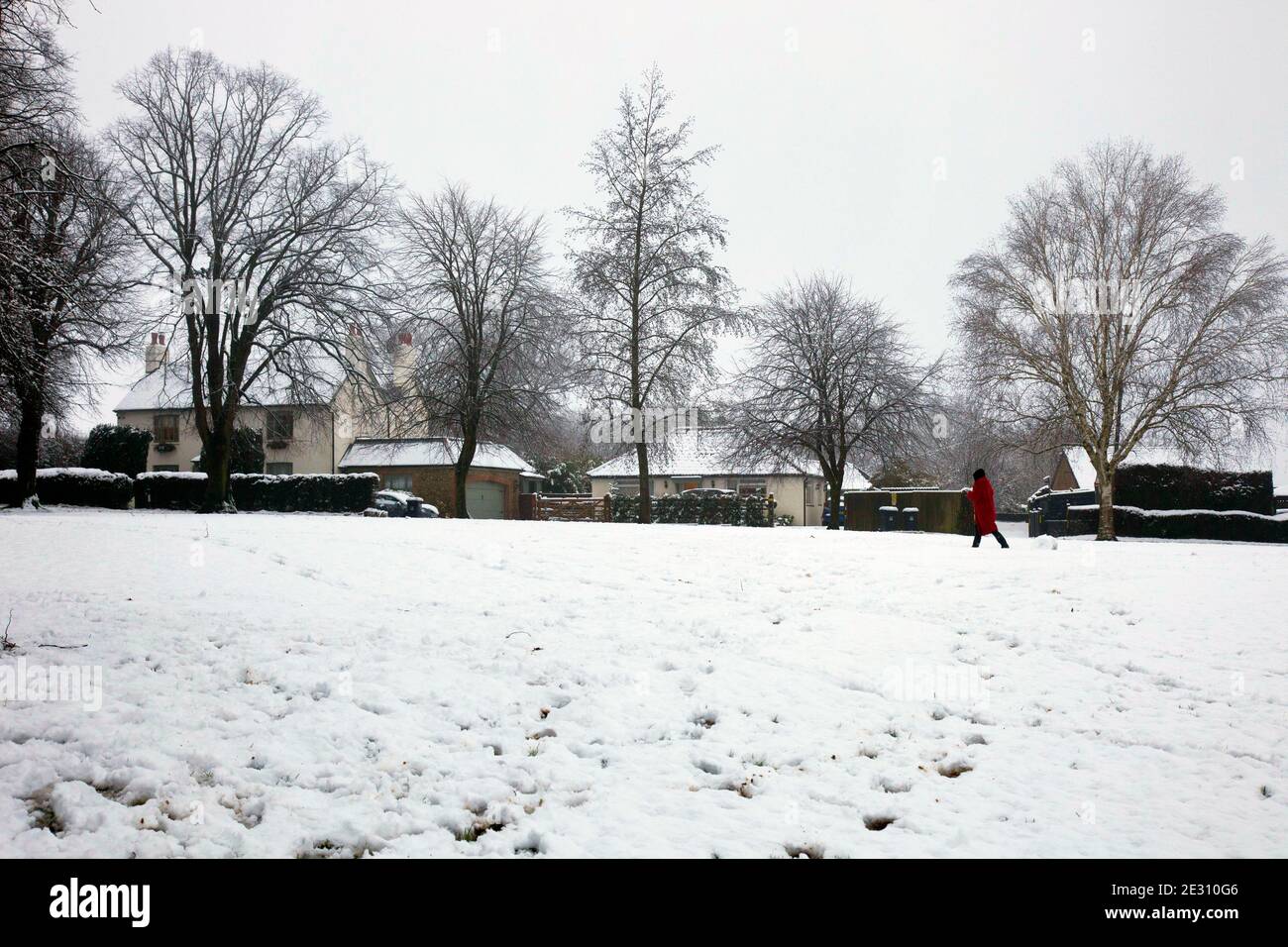 Snow covers the Green in Tatsfield village, on the Kent and Surrey border in England. January 2021 Stock Photo