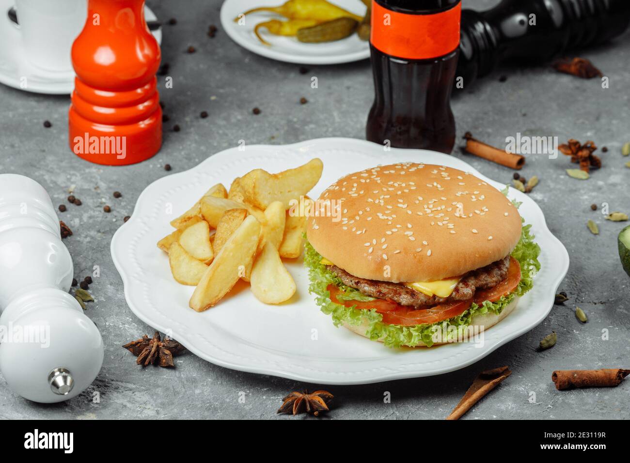 hamburger with fries and salad on the plate Stock Photo