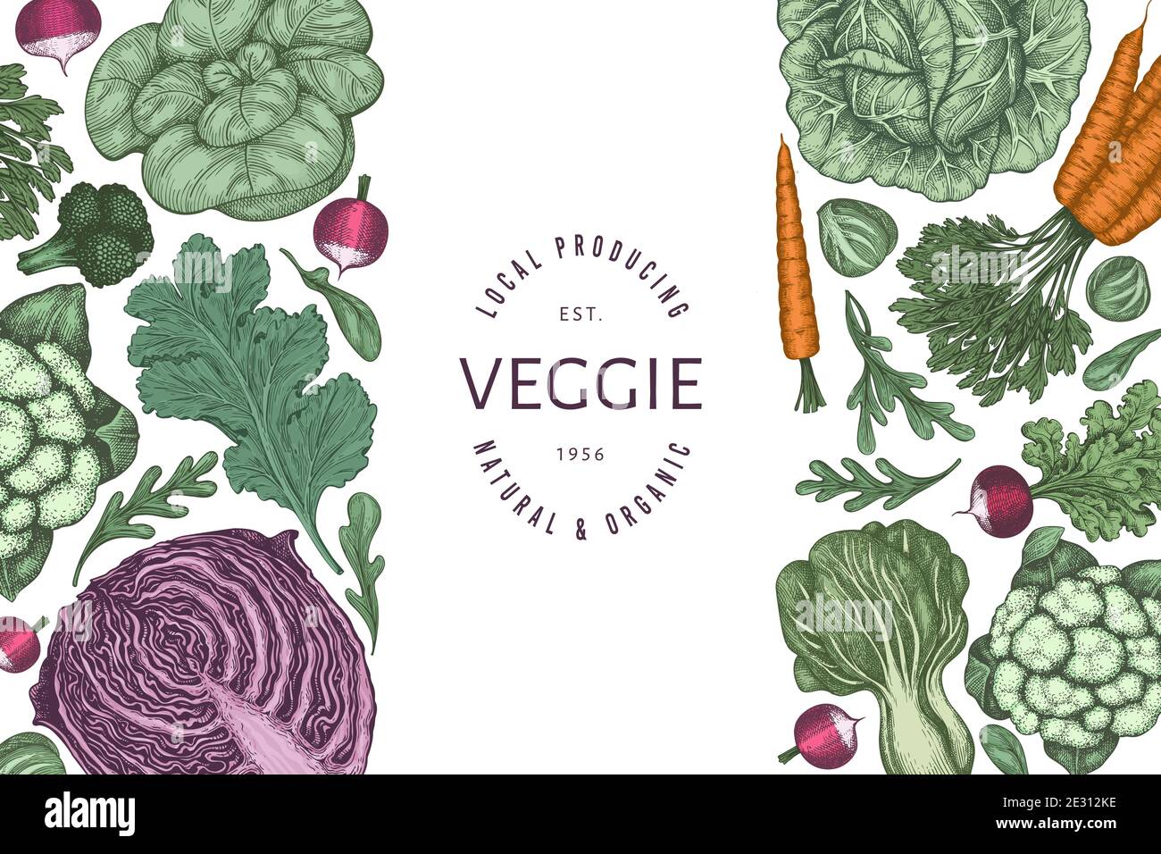 Hand drawn vintage color vegetables design. Organic fresh food vector ...