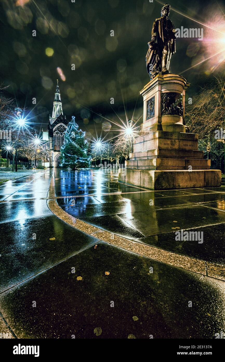 Statue and Christmas Tree at Glasgow Cathedral on a winter night. Stock Photo