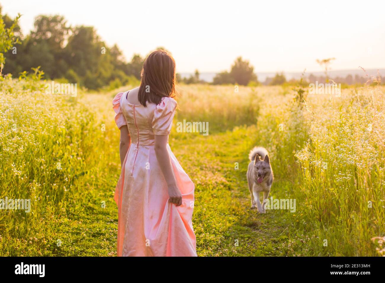 girl standing in the field in a pink dress Stock Photo