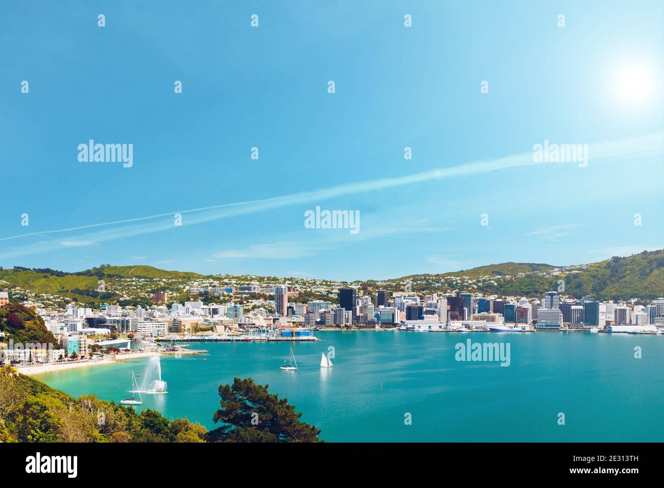 Wellington in New Zealand. Cityview during summer from Mount Victoria into the bay of the capital. Stock Photo