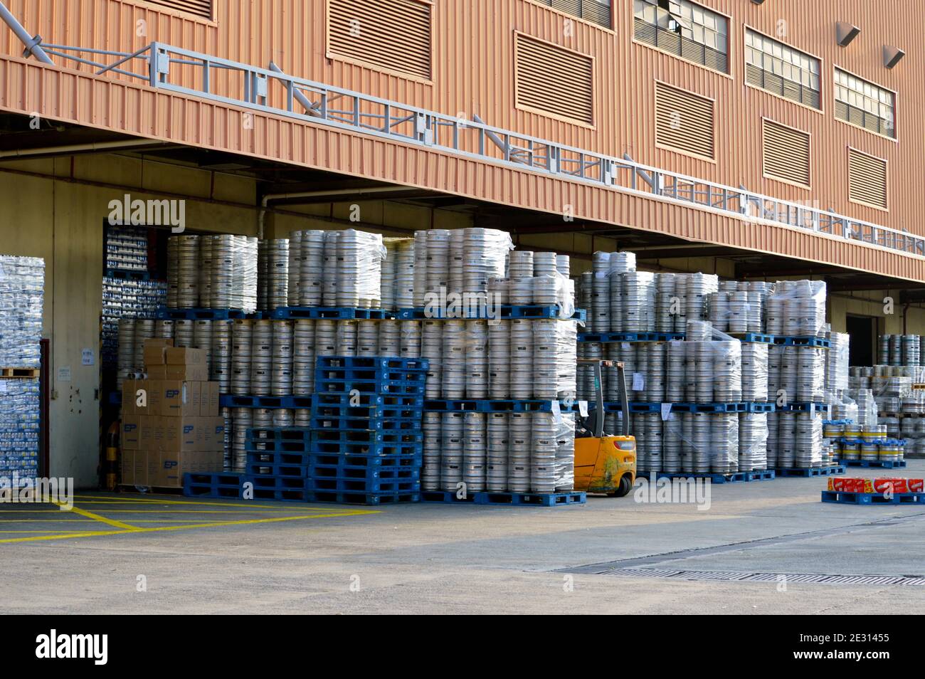 Kegs of beer outside the San Miguel Brewery Hong Kong Limited in Yuen