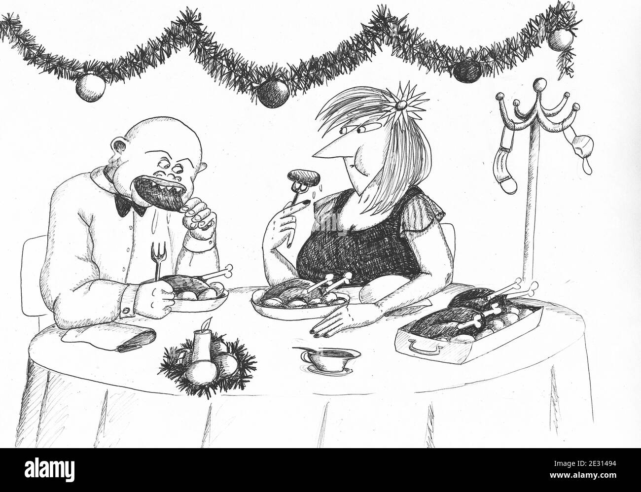 Mature couple at Christmas Eve. Illustration. Stock Photo