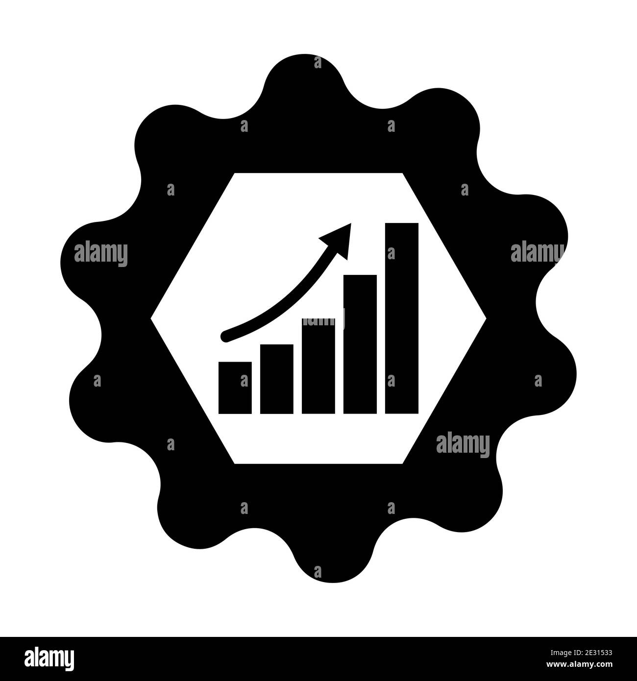 Efficiency concept cogwheel icon with bar chart and arrow. black symbol isolated on white background. Vector illustration. Stock Vector