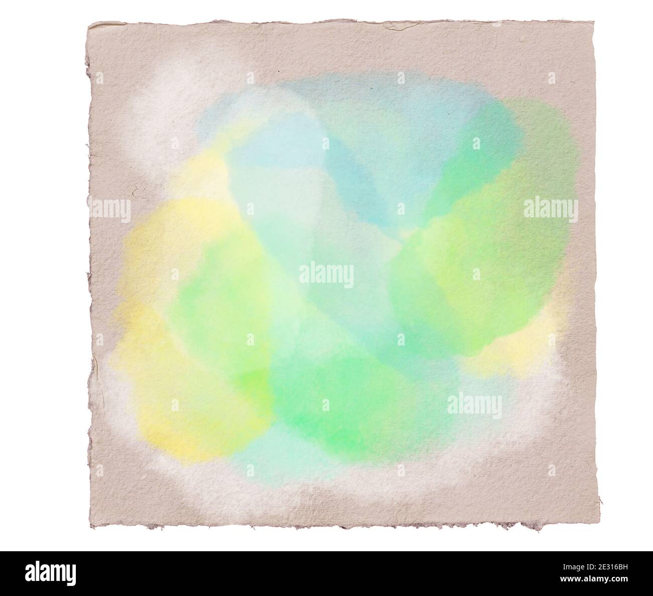 Abstract watercolor pastel splashes in blue, green,  turquoise and yellow on handmade rough aquarell paper sheet. Image isolated on white background. Stock Photo