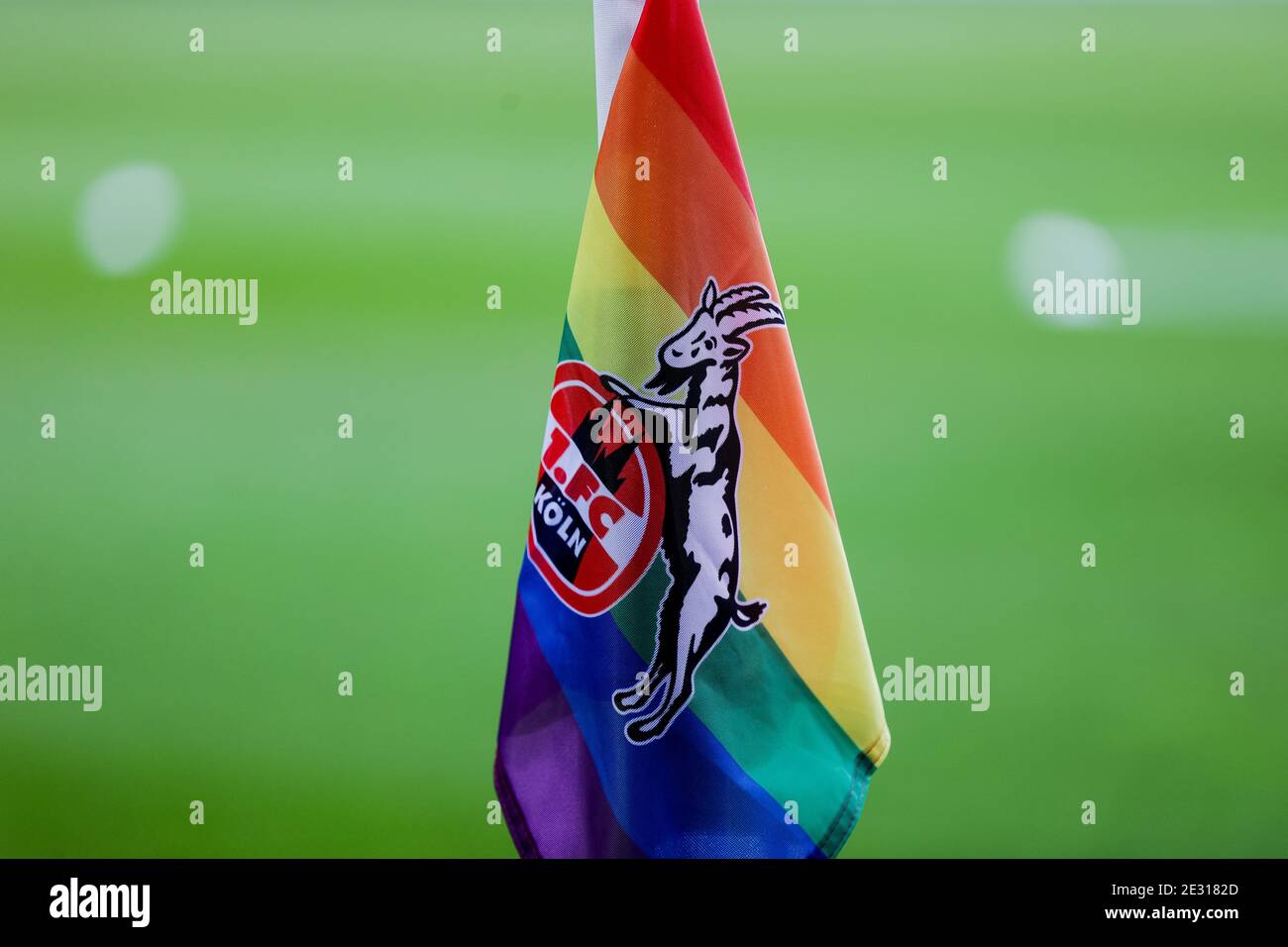 16 January 2021, North Rhine-Westphalia, Cologne: Football: Bundesliga, 1. FC  Köln - Hertha BSC, Matchday 16, RheinEnergieStadion. Cologne's corner flag  shows the rainbow flag. Photo: Rolf Vennenbernd/dpa - IMPORTANT NOTE: In  accordance