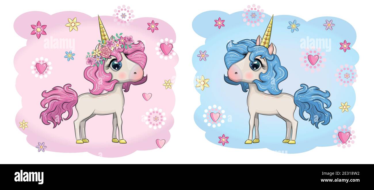 Baby Shower Greeting Card with cute Cartoon Unicorn girl and boy Stock ...
