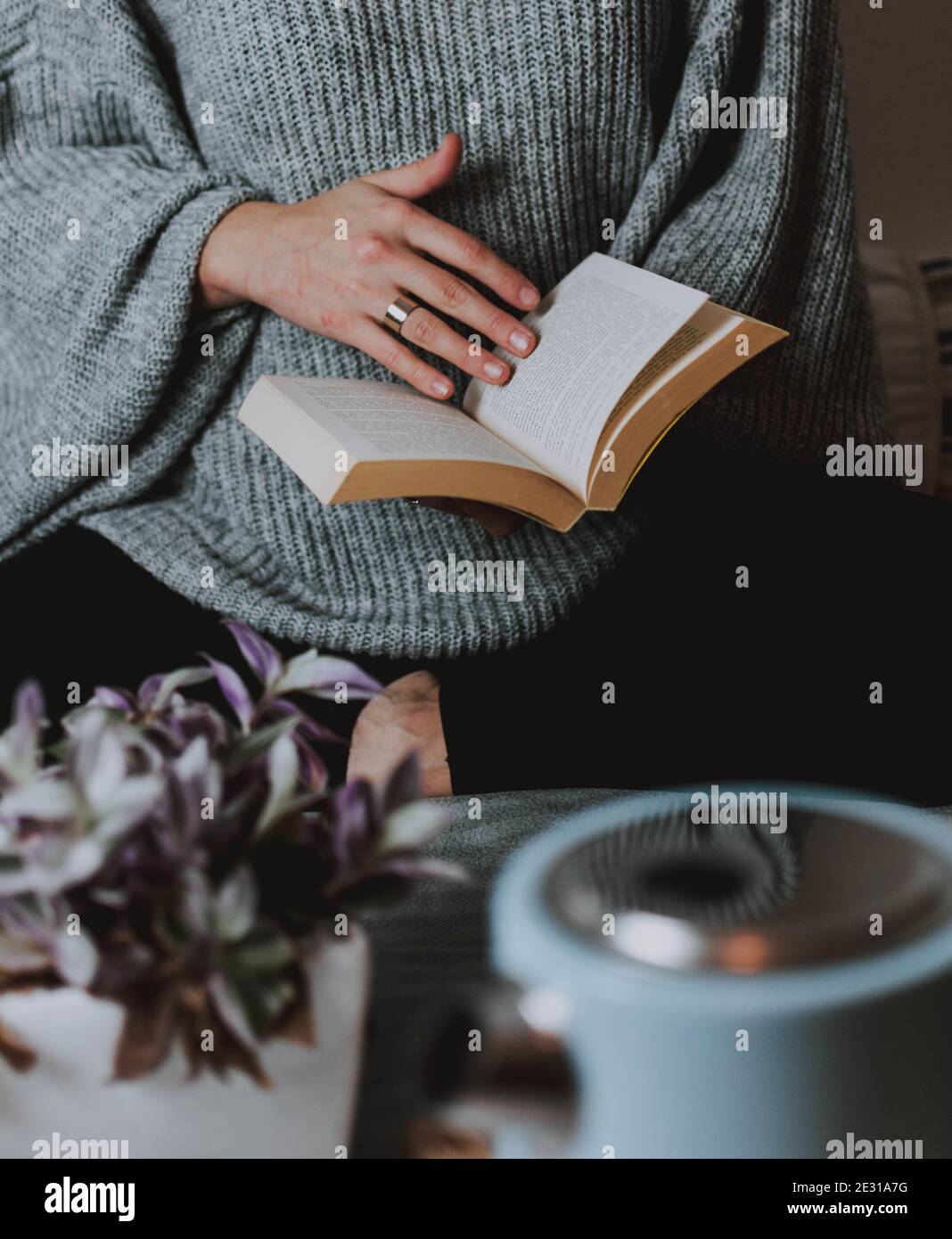 Female in a warm pullover leafing through a book, winter is the best season for reading Stock Photo