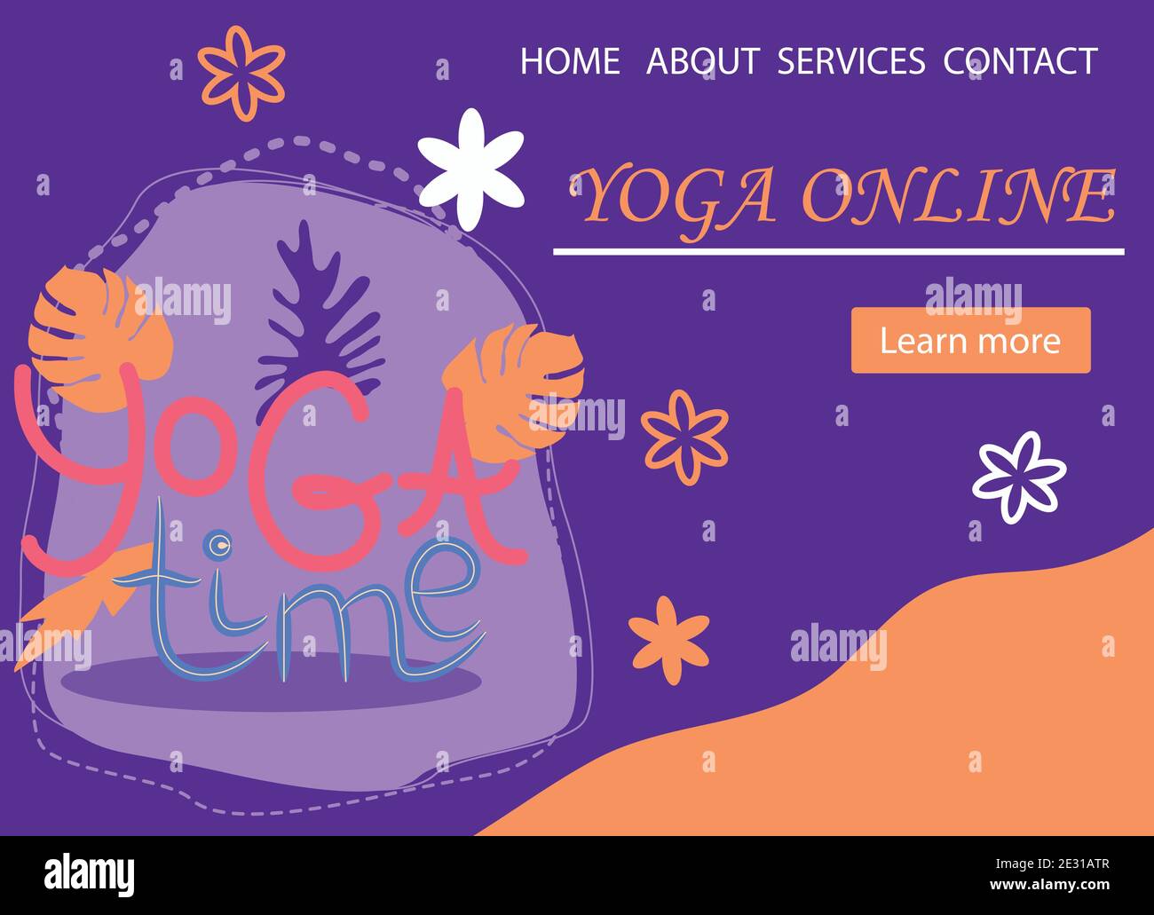 Website banner design for Yoga studio promotion with Learn more button. Lettering Yoga Time and decorative plants Stock Vector