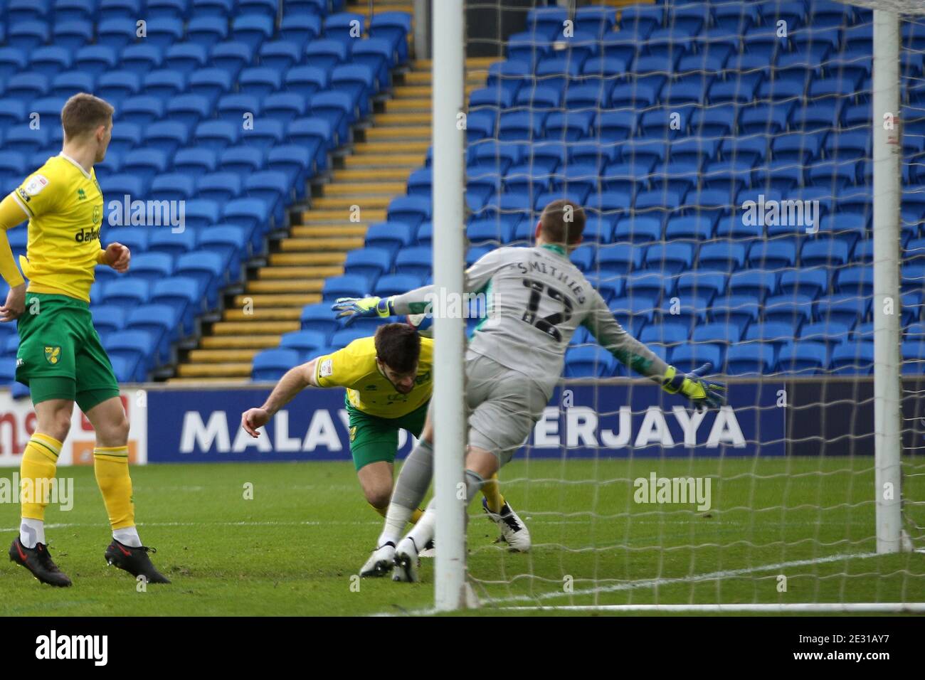 Cardiff, UK. 16th Jan, 2021. Grant Hanley of Norwich city scores his teams 1st goal.EFL Skybet championship match, Cardiff city v Norwich City at the Cardiff City Stadium in Cardiff, Wales on Saturday 16th January 2021. this image may only be used for Editorial purposes. Editorial use only, license required for commercial use. No use in betting, games or a single club/league/player publications. pic by Andrew Orchard/Andrew Orchard sports photography/Alamy Live news Credit: Andrew Orchard sports photography/Alamy Live News Stock Photo