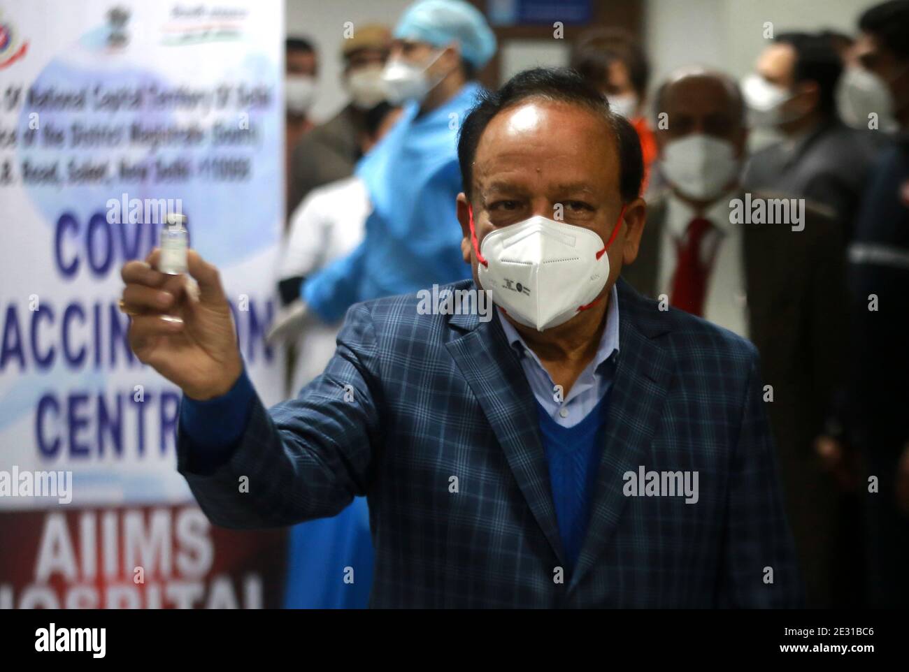 Health Minister Dr. Harshvardhan shows a vail of Covid-19 vaccine at All India Institute of Medical Sciences (AIIMS) in New Delhi on Saturday January 16, 2021 marking launch of the worlds largest immunisation drive. (Photo by Sondeep Shankar/Pacific Press) Stock Photo