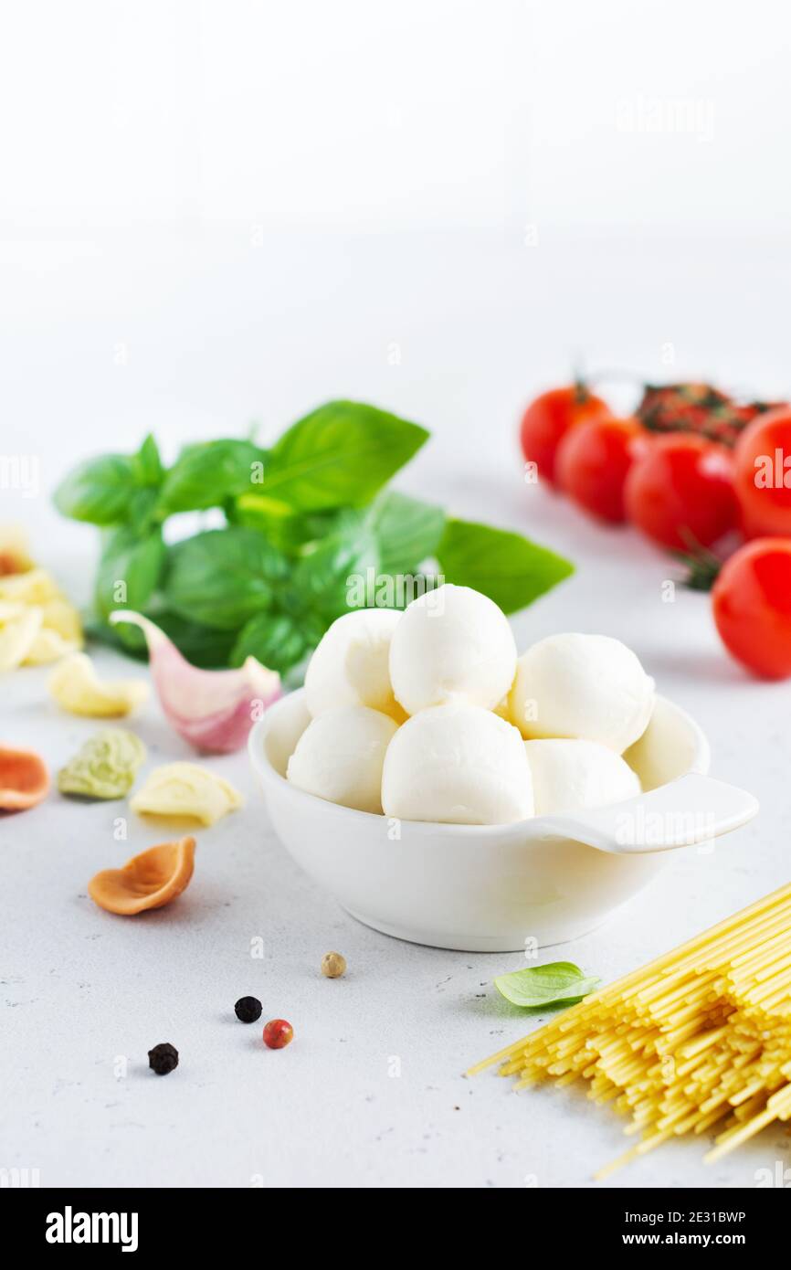 Traditional organic ingredients of italian cuisine pasta, tomato