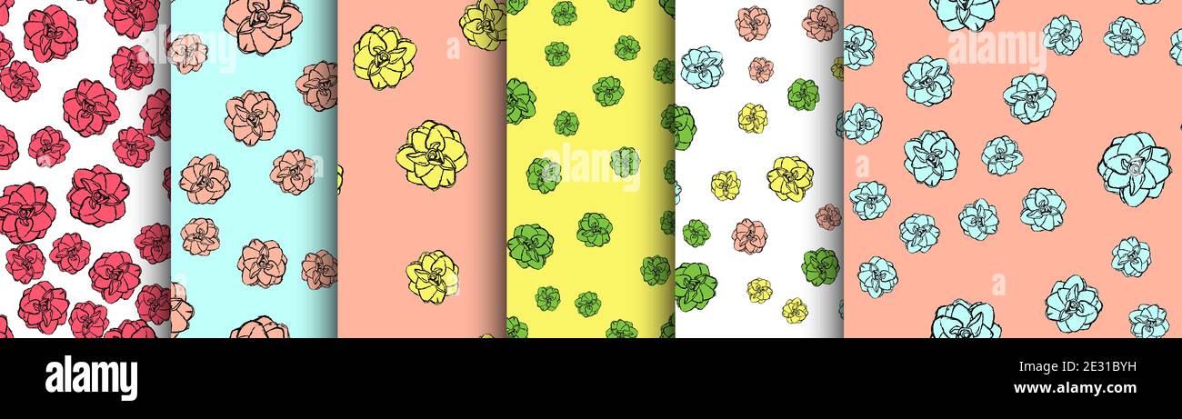 Set of Hand drawn flower seamless pattern background. Illustration ...