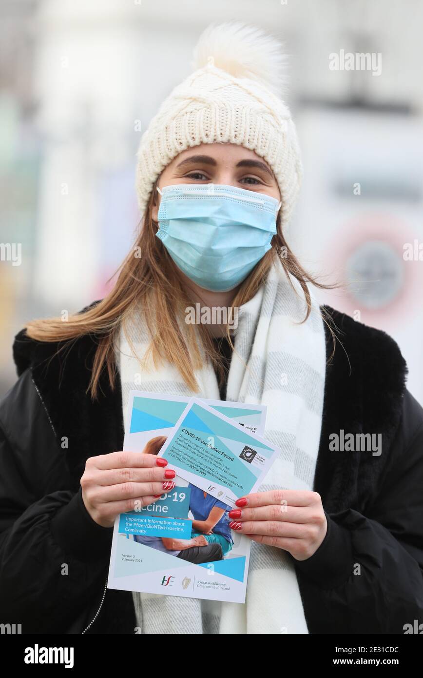 Social care worker in Residential Services Shannon Fagan after receiving her vaccine at the vaccination centre in Phoenix Park, Dublin, as mass vaccination drive for GPs and practice nurses has begun in Ireland. Stock Photo