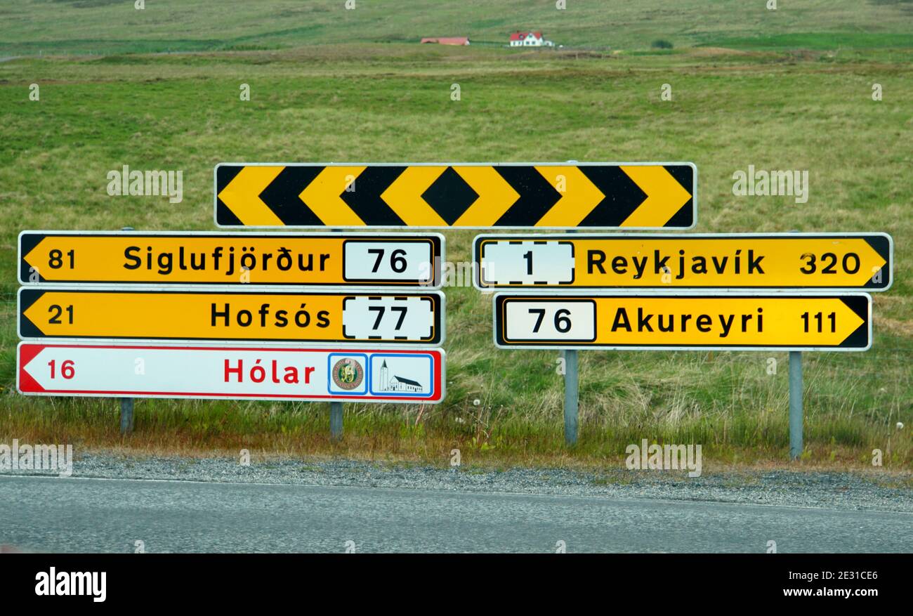 Northeast Iceland June 24, 2019 The road signs and directions on
