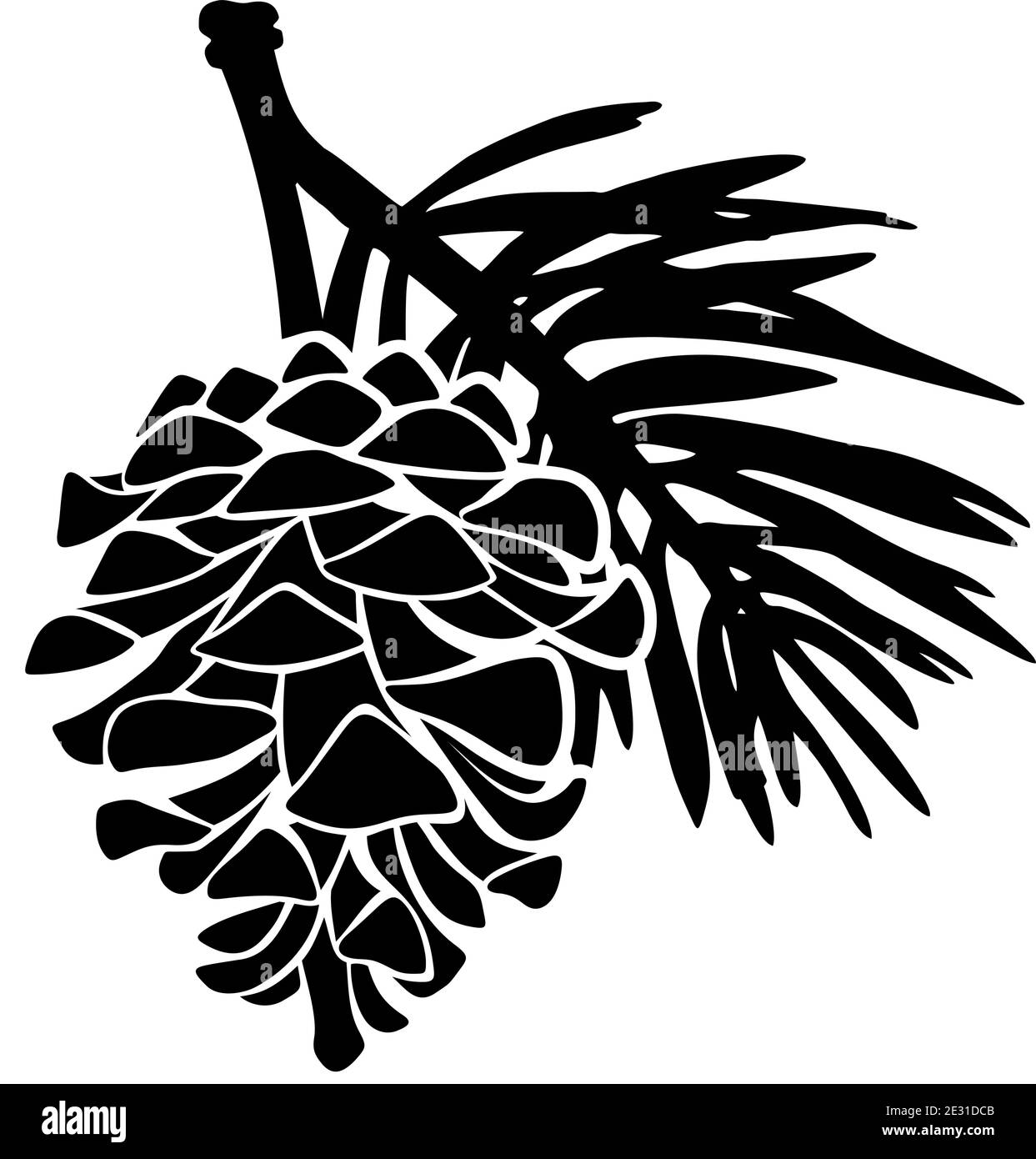 Vector black silhouette of a pine branch with a cone isolated on a white background. Stock Vector