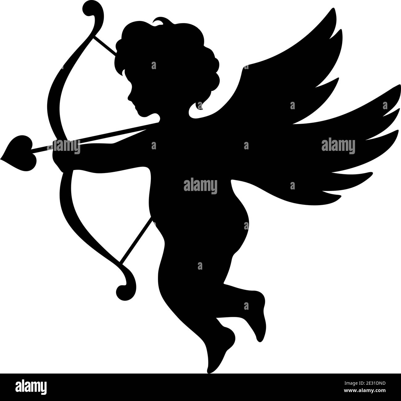 Vector black silhouette of a Cupid with a bow isolated on a white background. Stock Vector