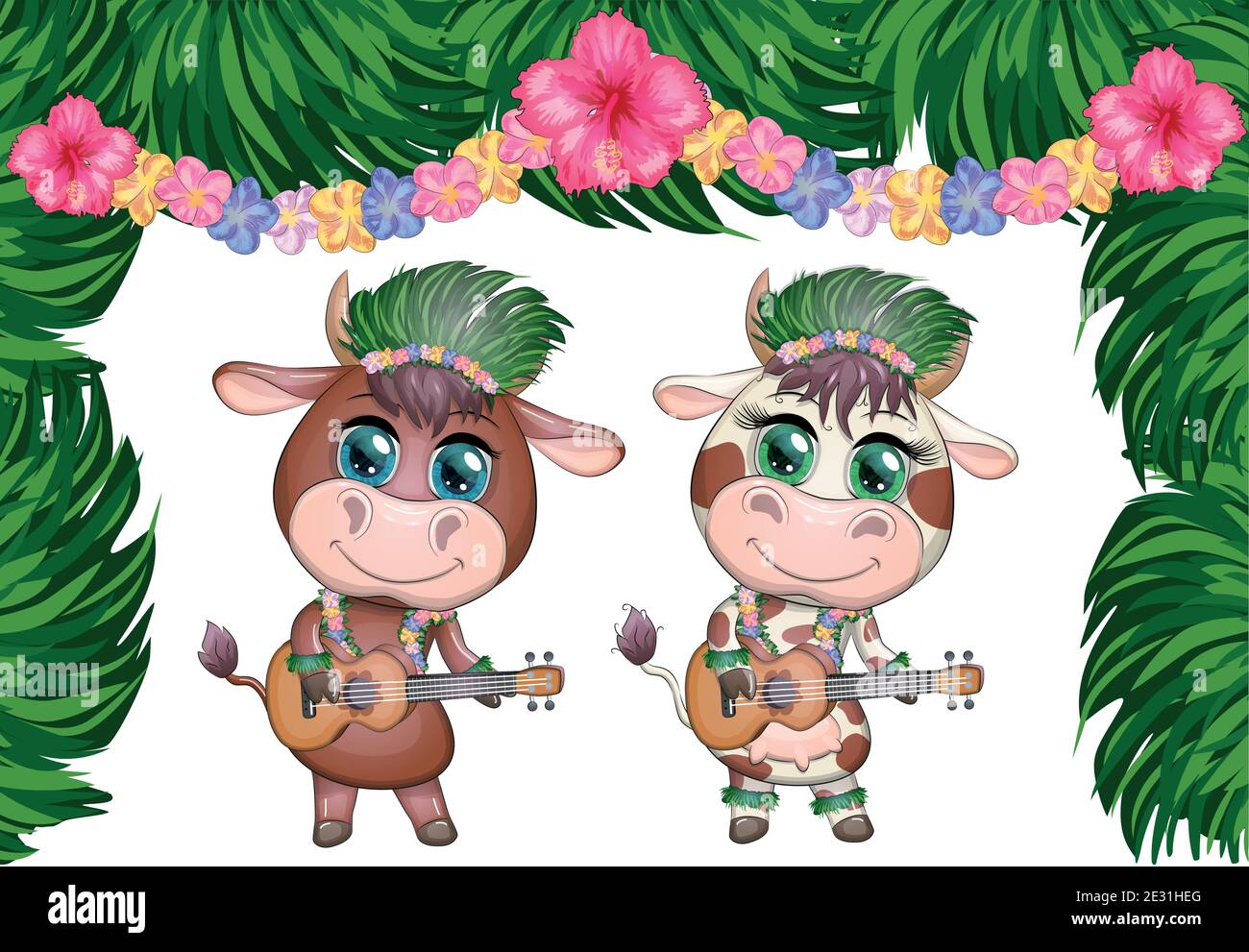 Cute cartoon bull, cow with beautiful eyes, Hawaiian hula dancer character  with ukulele guitar among leaves, flowers. Tropical New Year Chinese cute b  Stock Vector Image & Art - Alamy