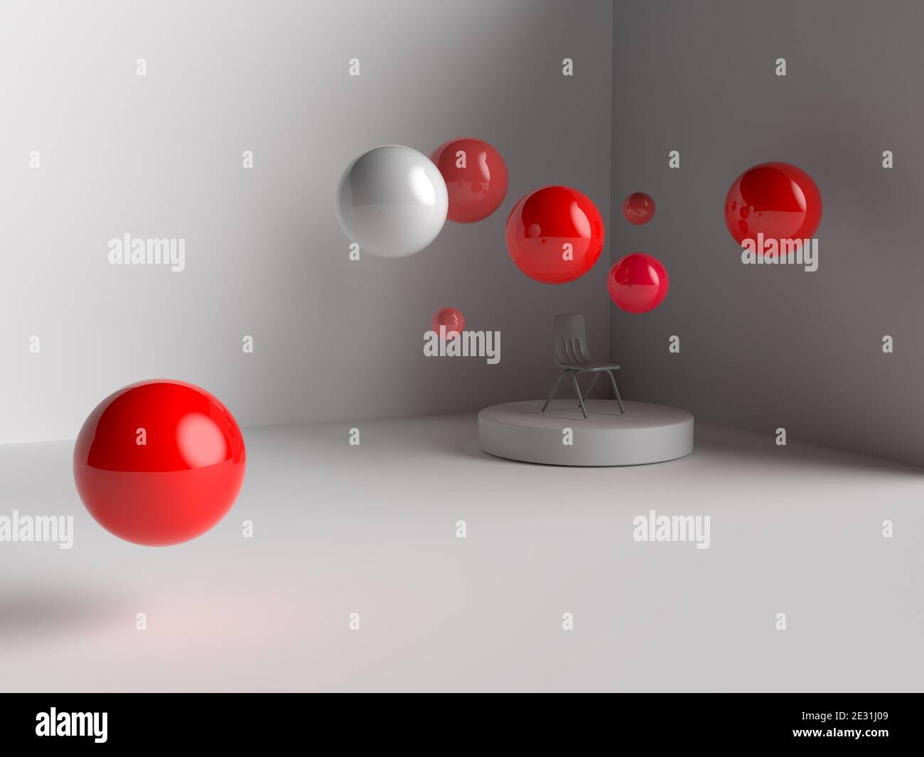 3d rendering red balls red spheres on a white background with a chair ...