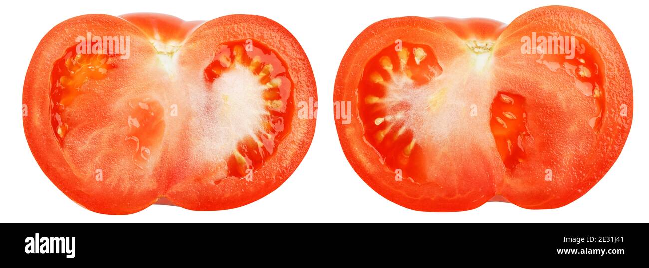 Closeup two half ripe red tomatoes isolated on white Stock Photo