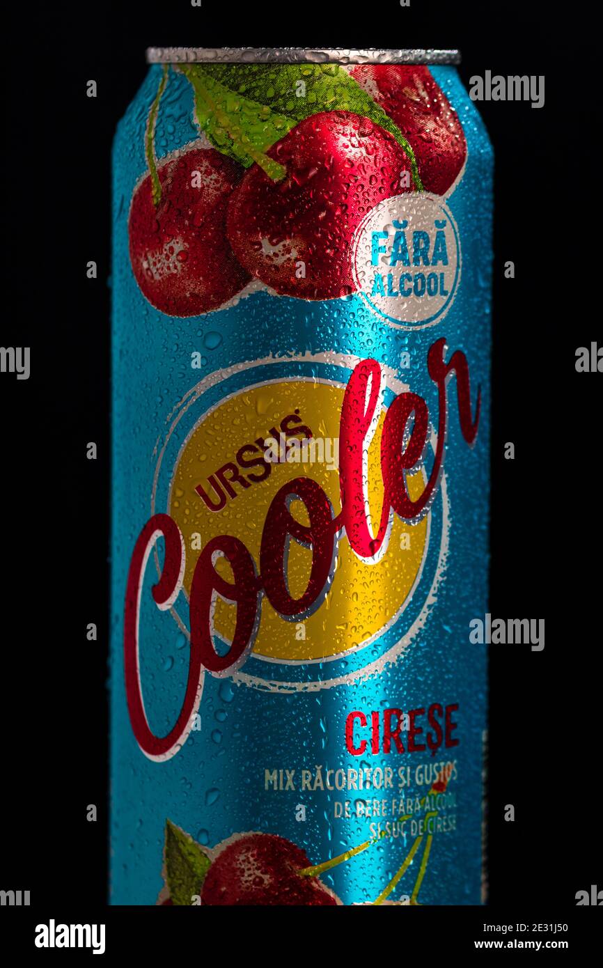 Condensation water droplets on Ursus Cooler beer can isolated on black ...