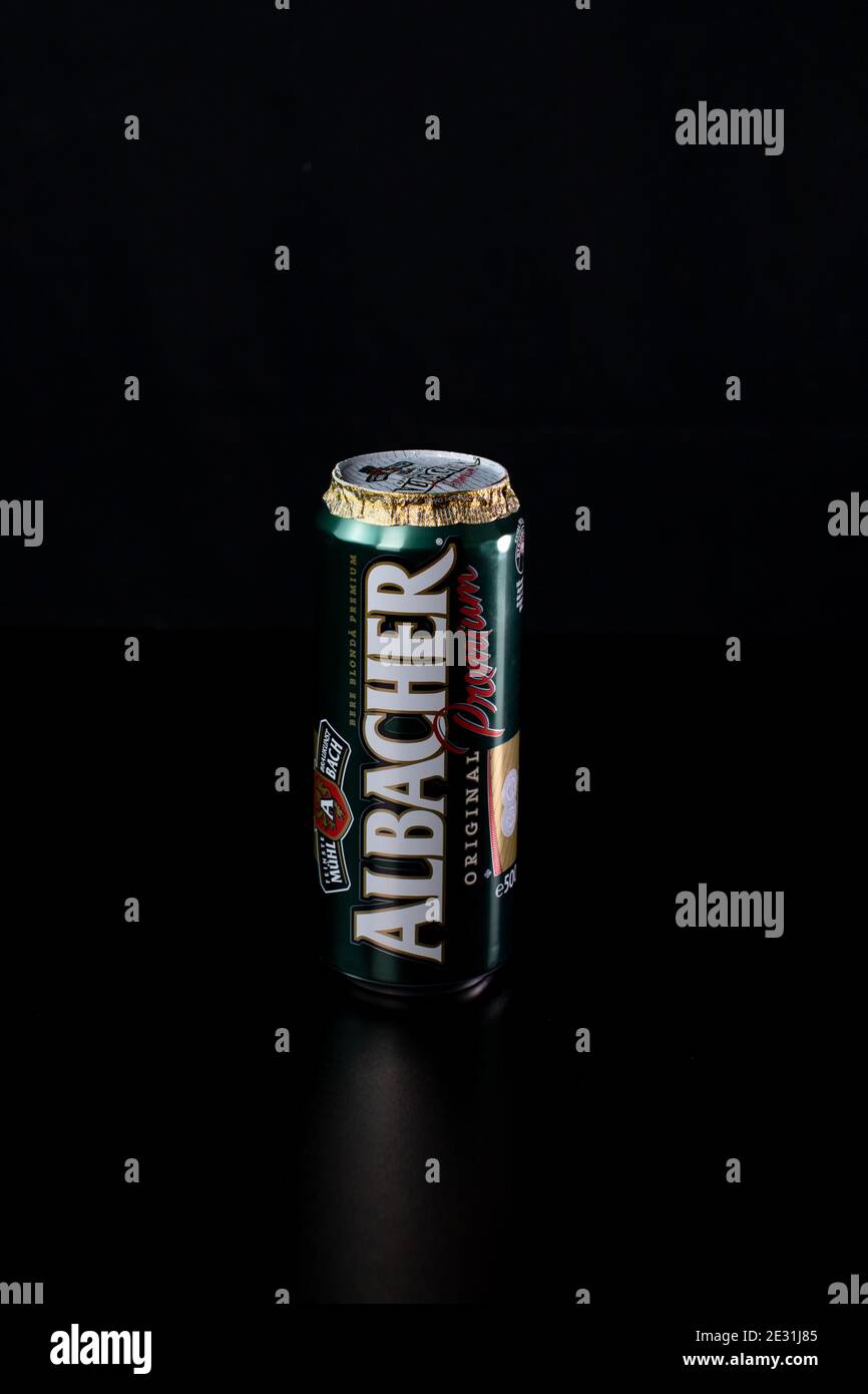 Albacher beer can isolated on black background. Bucharest, Romania ...