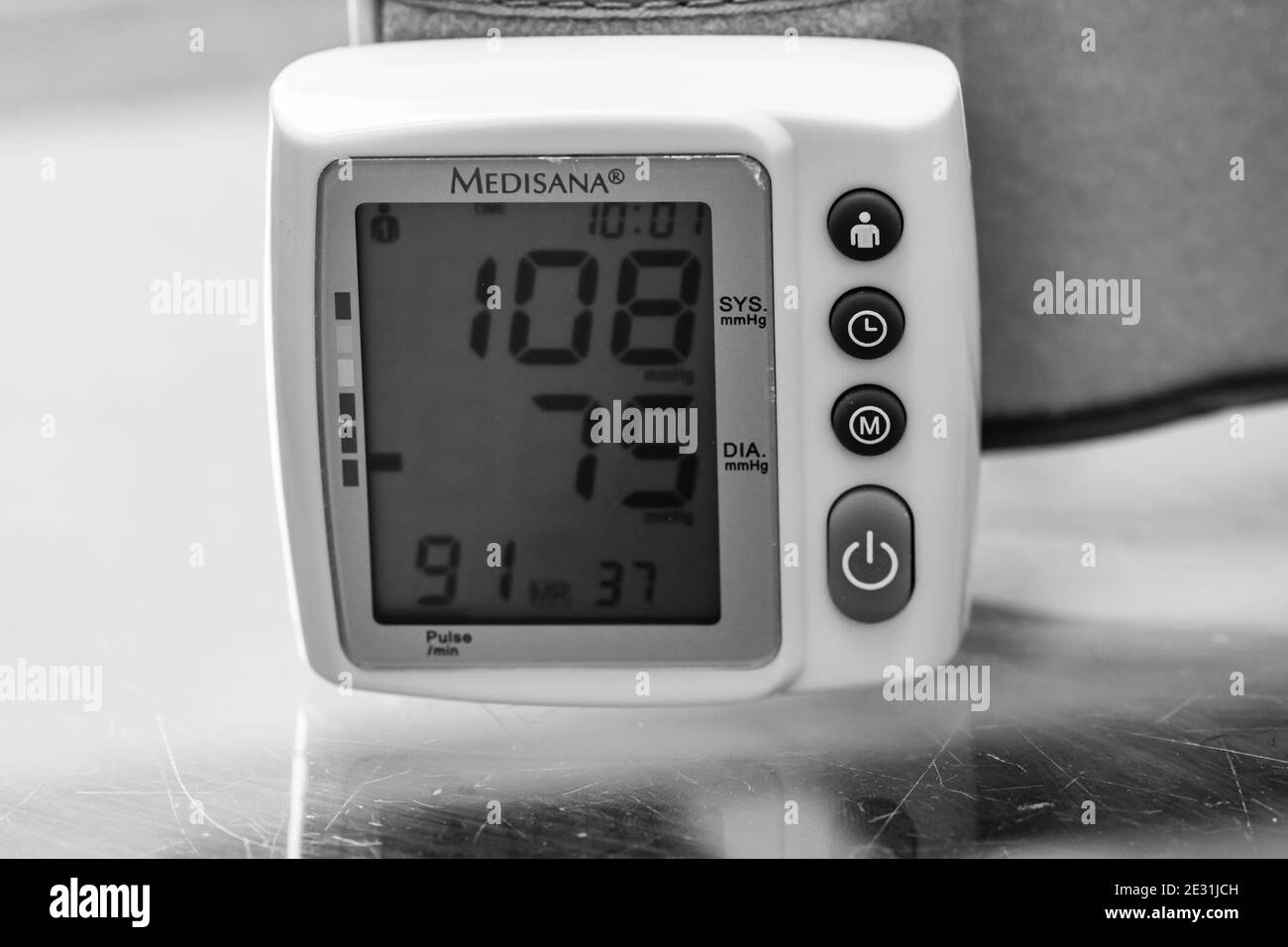Close up, detail of blood pressure cuff monitor isolated. Digital blood pressure measuring device. Bucharest, Romania, 2020. Stock Photo
