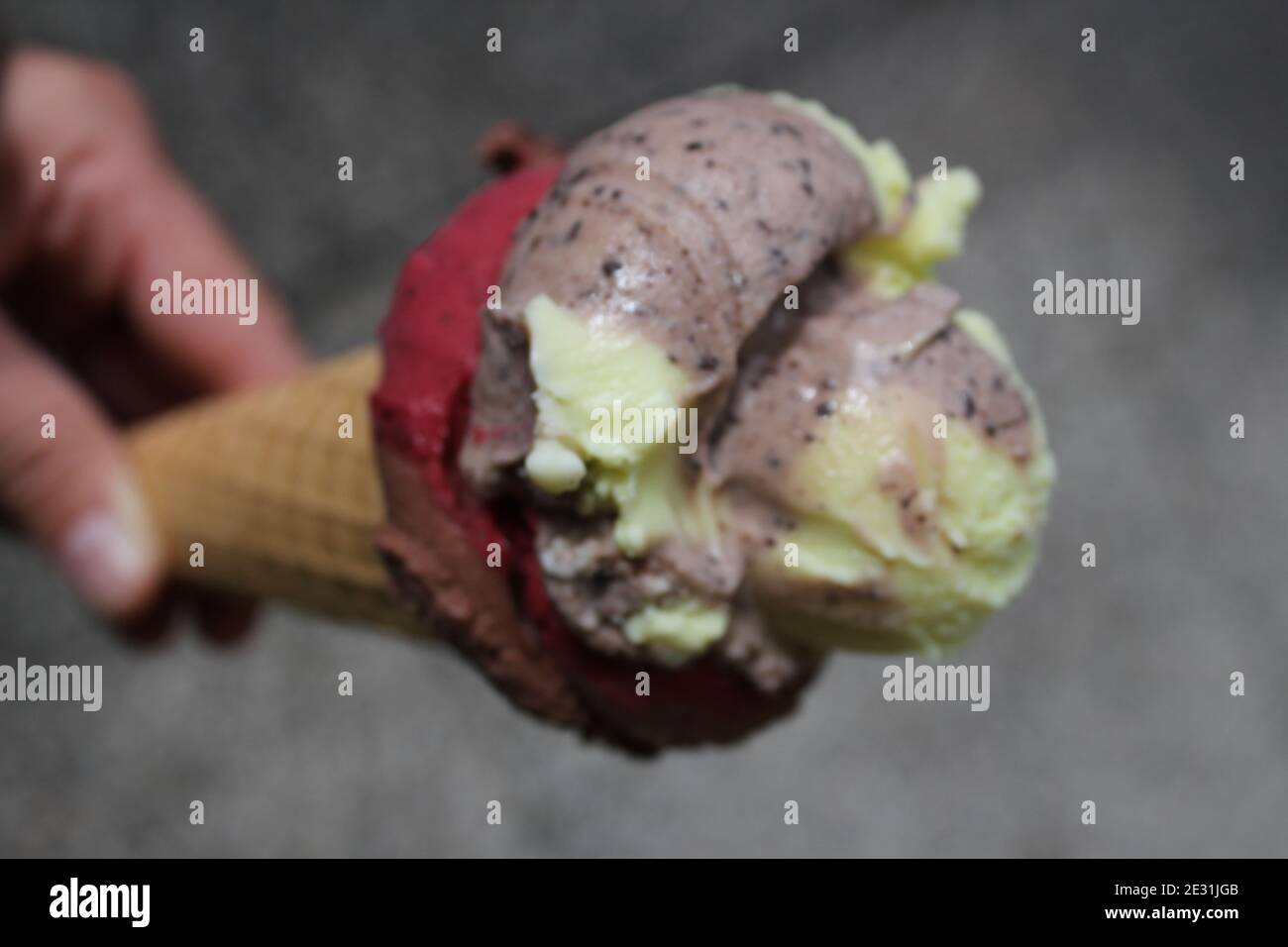three types of colorful icecream in cone Stock Photo