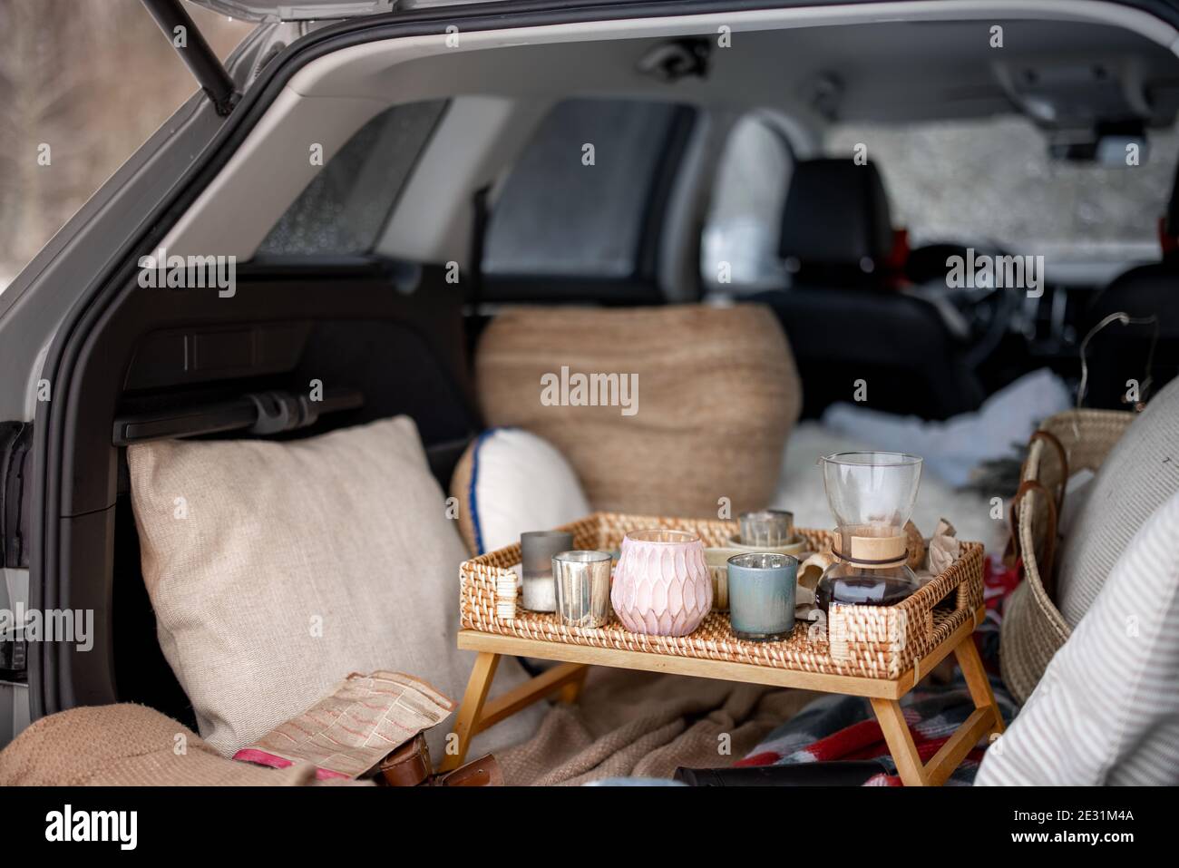 A cozy picnic in car trunk during winter Stock Photo Alamy