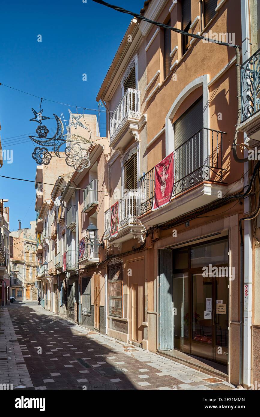 Street San Joaquín in the old town, center of the village of Almassora, Castello, Comunitat valenciana, Spain Stock Photo