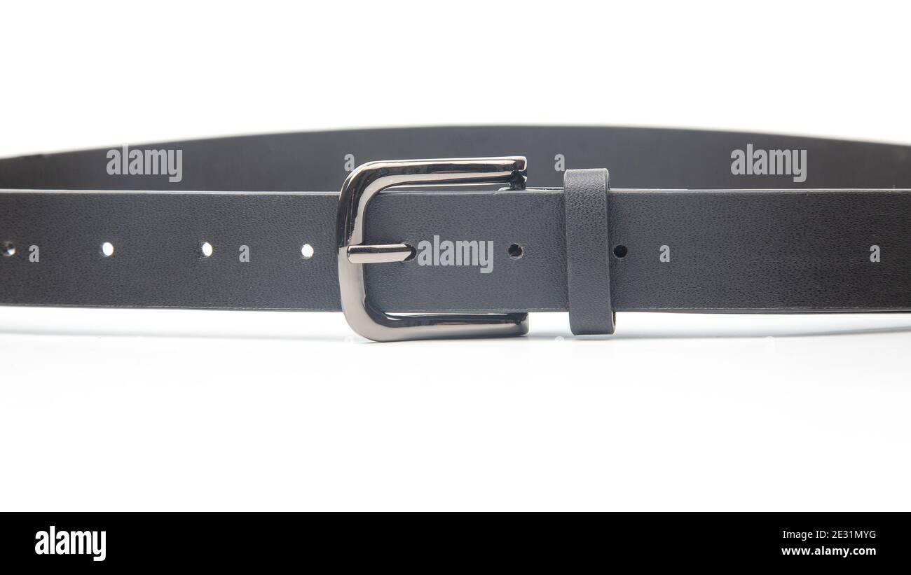 black leather belt on white background Stock Photo - Alamy