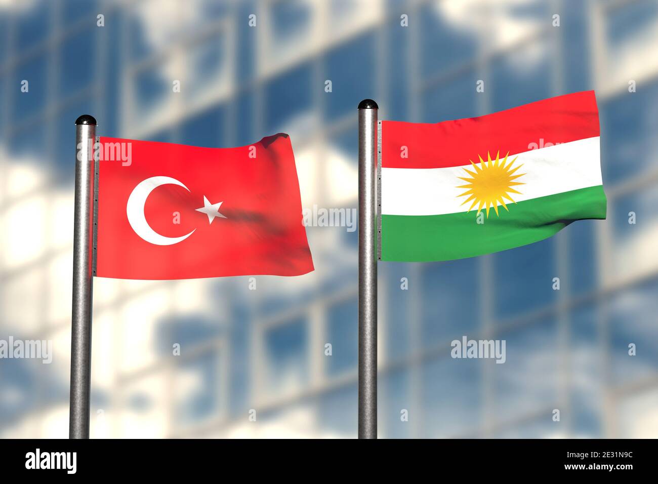 3d render of an flag of Turkey and Kurdistan, in front of an blurry background, with a steel flagpole Stock Photo