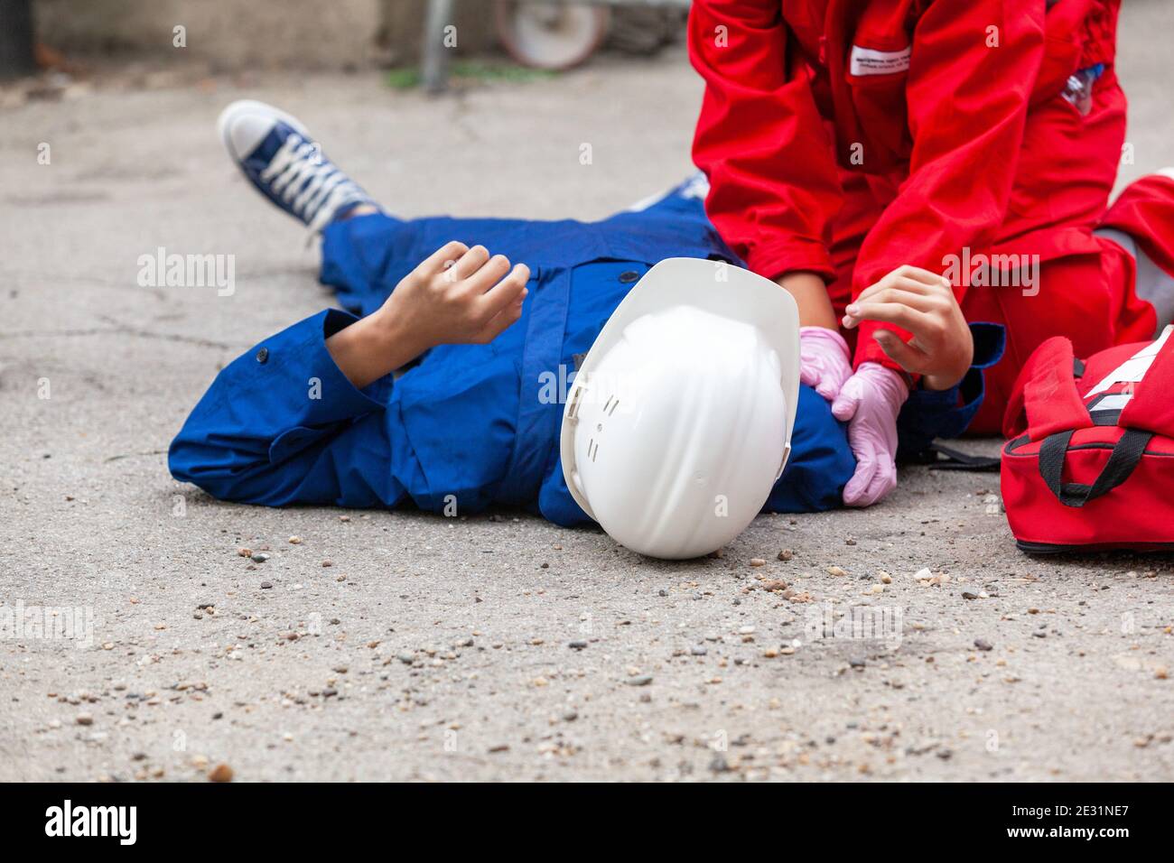 First aid after work accident Stock Photo