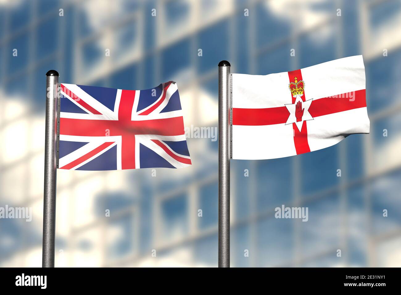 3d render of an flag of Great Britain and Northern Ireland, in front of an blurry background, with a steel flagpole Stock Photo