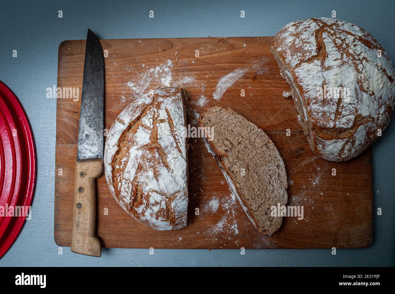 homemade wholemeal bread in a dutch oven ,cast iron pan.baking at home