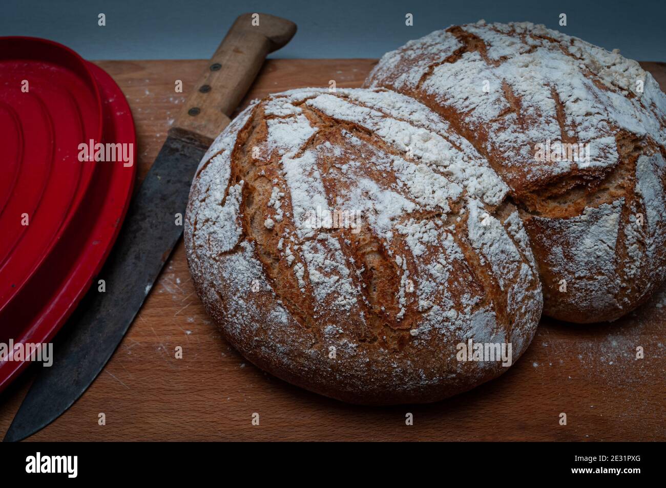 homemade wholemeal bread in a dutch oven ,cast iron pan. baking at home