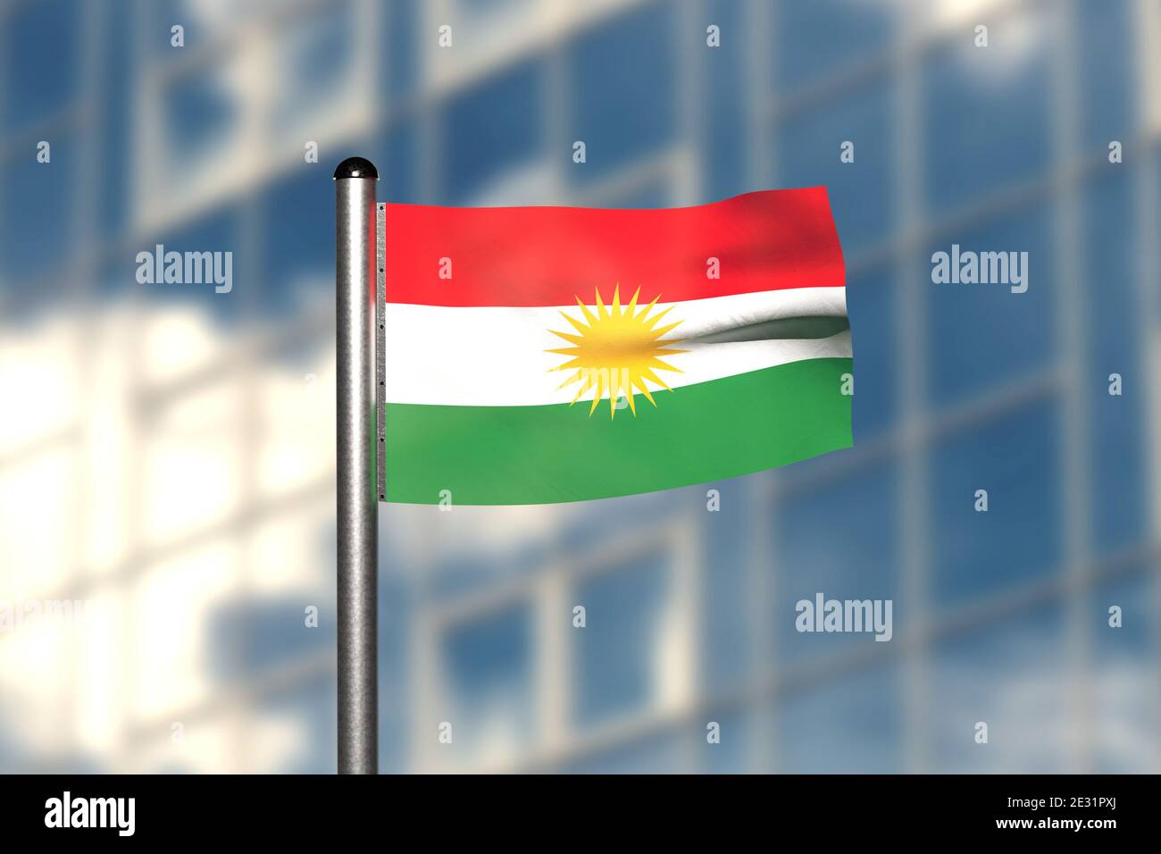 3d render of an flag of Kurdistan, in front of an blurry background, with a steel flagpole Stock Photo