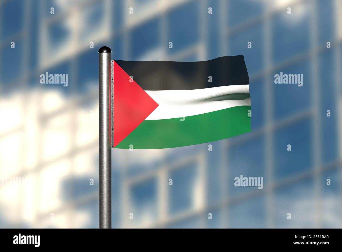 3d render of an flag of Palestine, in front of an blurry background, with a steel flagpole Stock Photo