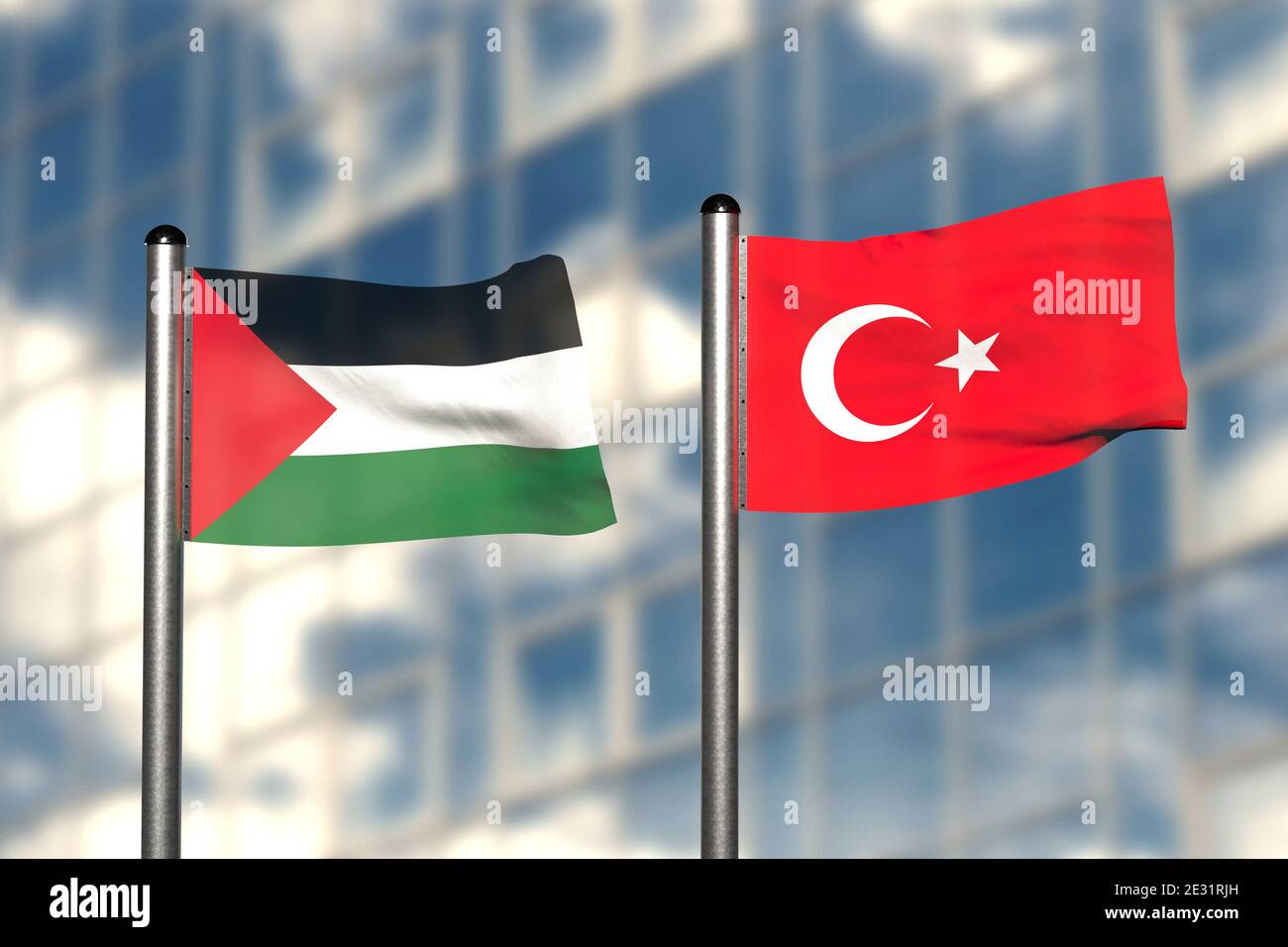 3d render of an flag of Palestine and Turkey. Stock Photo