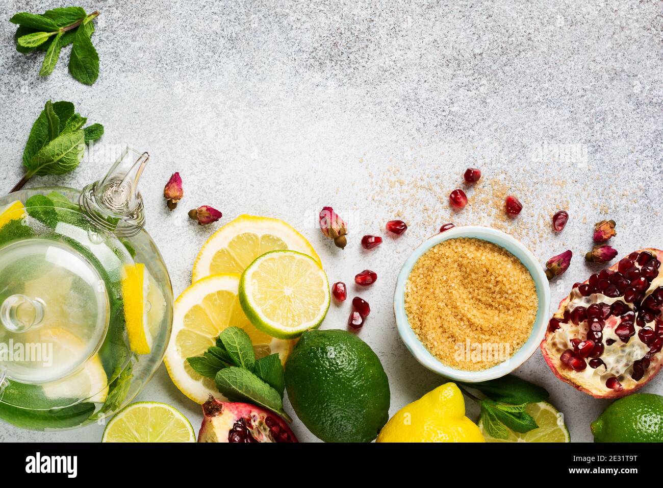 Fresh lemon, lime, pomegranate, dried tea rose flowers, tea, cane sugar