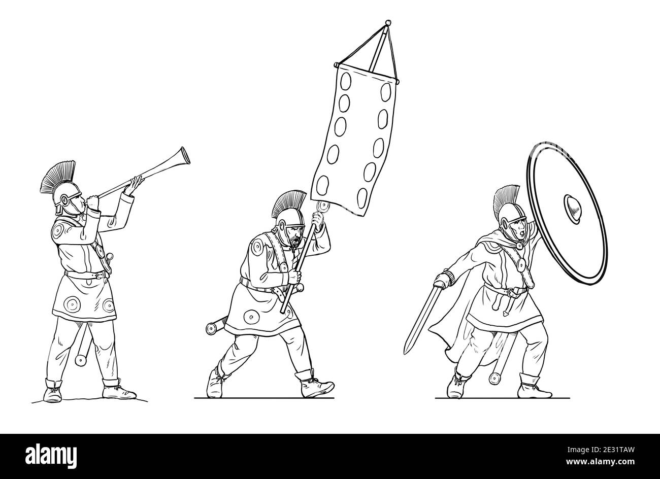Late roman soldiers during the battle. Attack of the Roman army. Set of 3 warriors. Outline drawing. Stock Photo