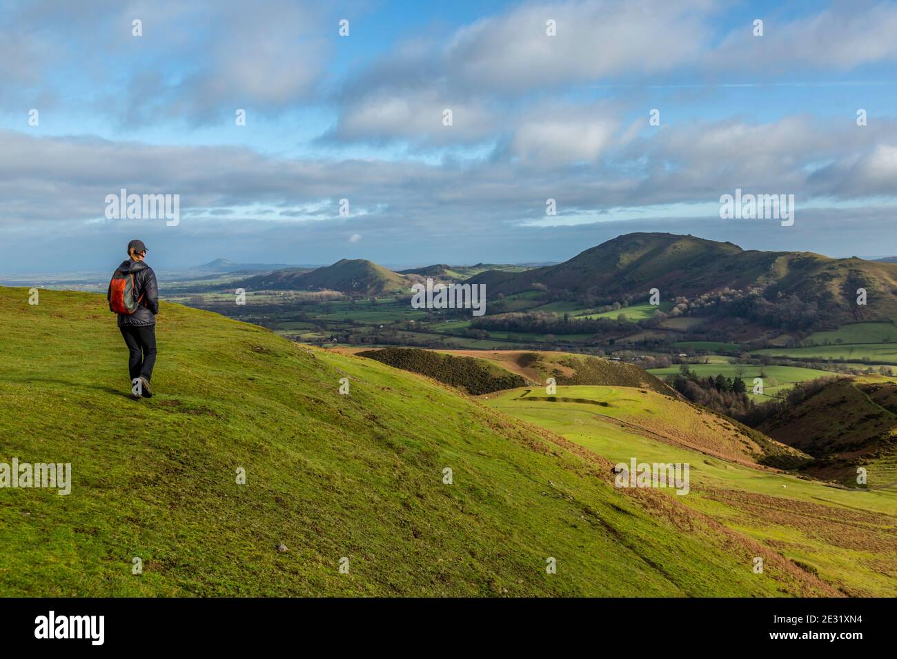 Solo female hiker on the Long Mynd, Shropshire, England, with Caer Caradoc, The Lawley, with The Wrekin in the distance. Stock Photo