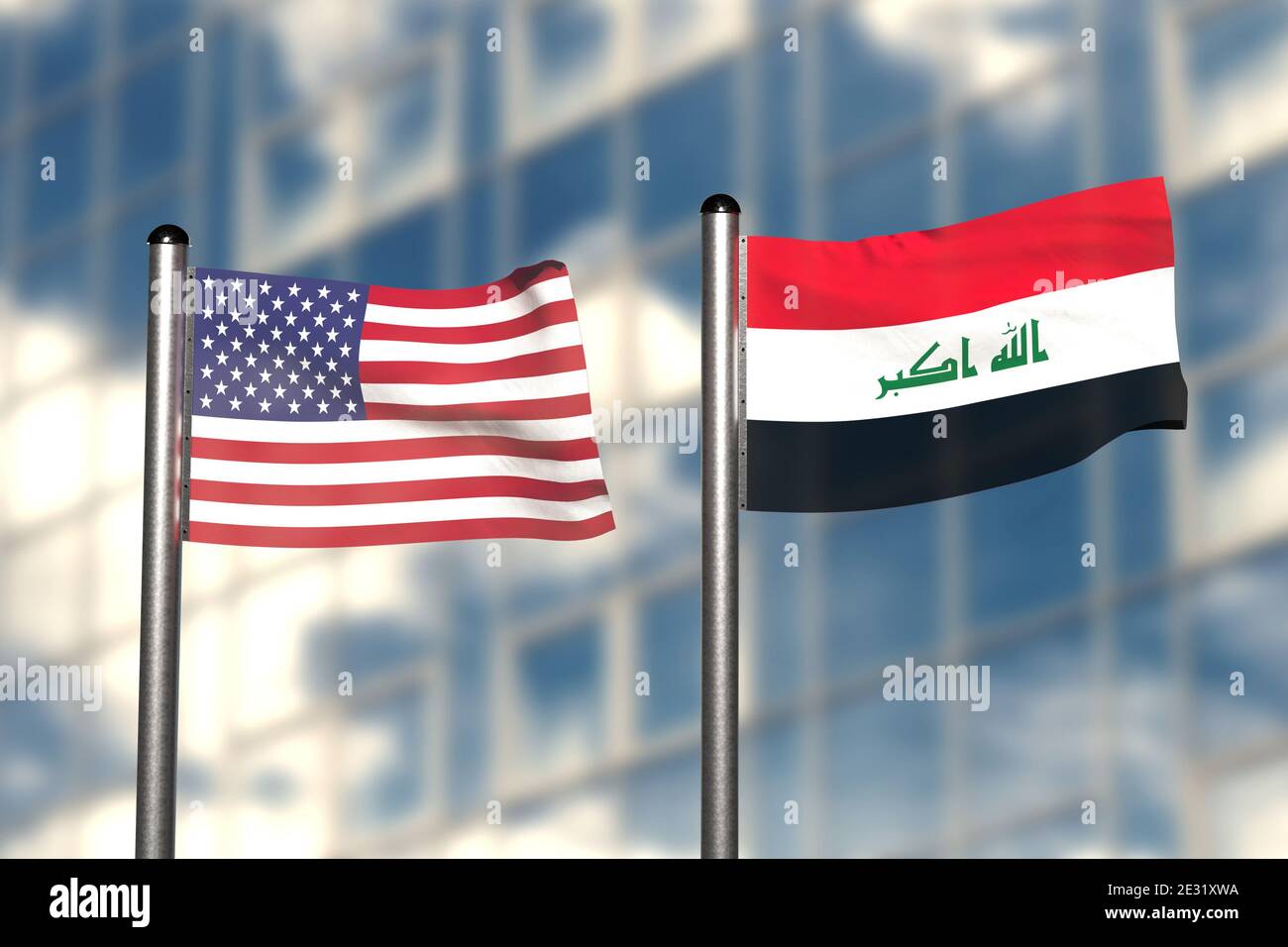 3d render of an flag of USA and Iraq, in front of an blurry background, with a steel flagpole Stock Photo