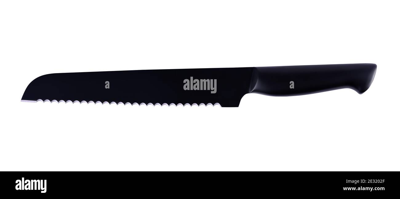 Professional isolated kitchen knife on a white background. Kitchen bread knife. Stock Photo