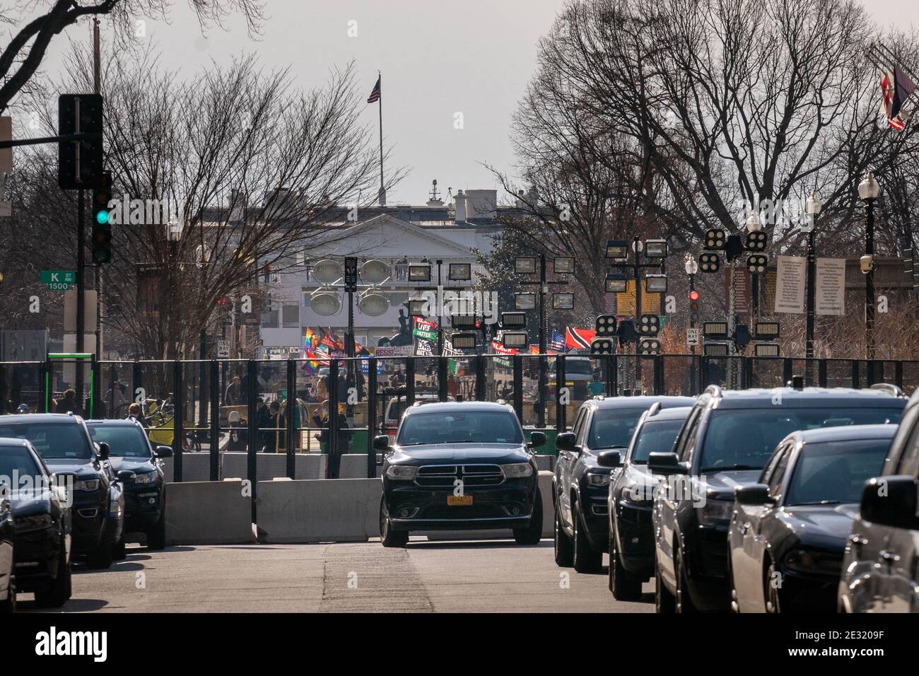 The White House is seen down BLM plaza as inaugural security is tightened ahead of the upcoming inauguration for President Joe Biden January 16, 2021 in Washington DC. Security is even tighter given there recent events when pro-Trump MAGA mobs breached the security perimeter and penetrated the U.S. Capitol back on Jan 6. Photo by Ken Cedeno/Pool/ABACAPRESS.COM Stock Photo